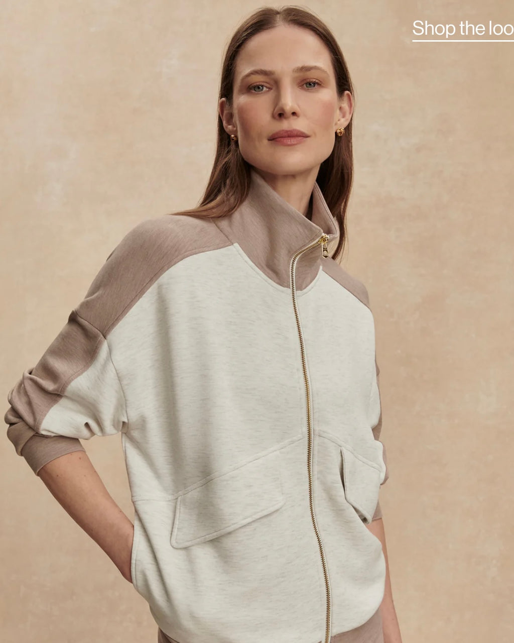 Garcia Zip-Through Sweat - Ivory Marl/Taupe Marl