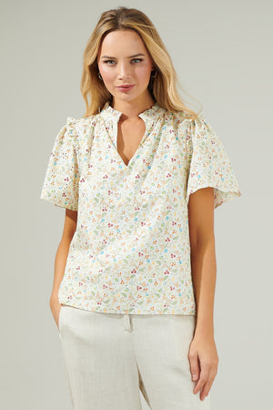 Esme Floral Mei Split Neck Eyelet Top