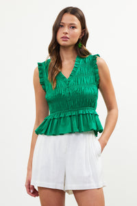 Poplin Smocking Peplum Top - Green