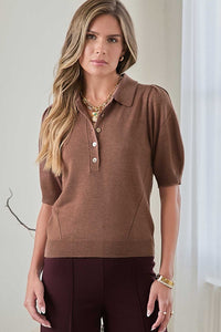 Brown Short Sleeve Knit Polo Top