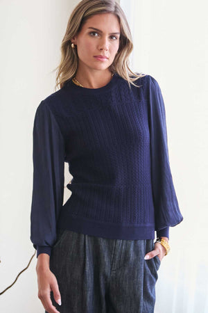 Navy Knit Mixed Media Blouse