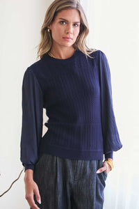 Navy Knit Mixed Media Blouse