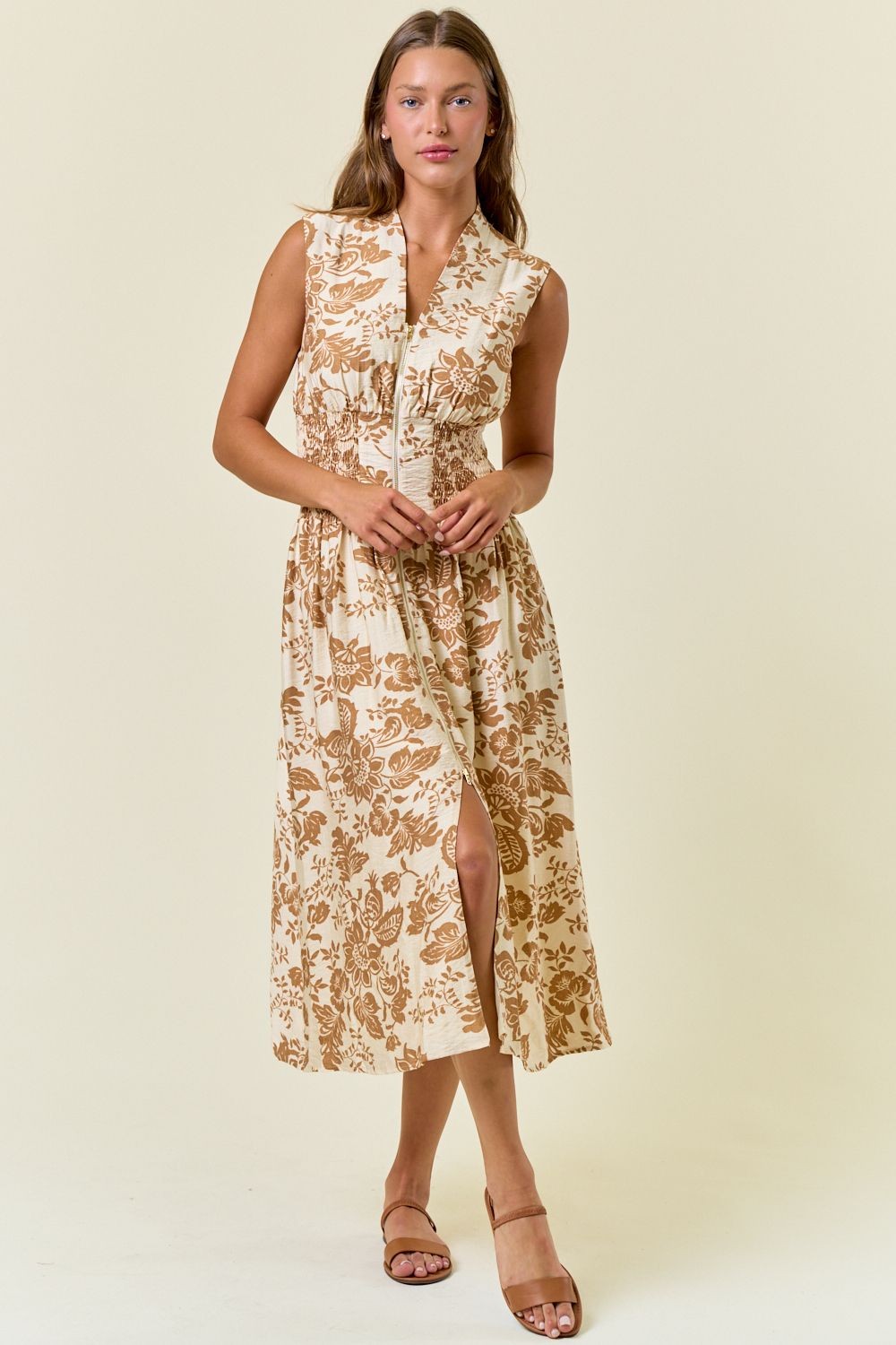 Paisley V-neck Zip Front Midi Dress