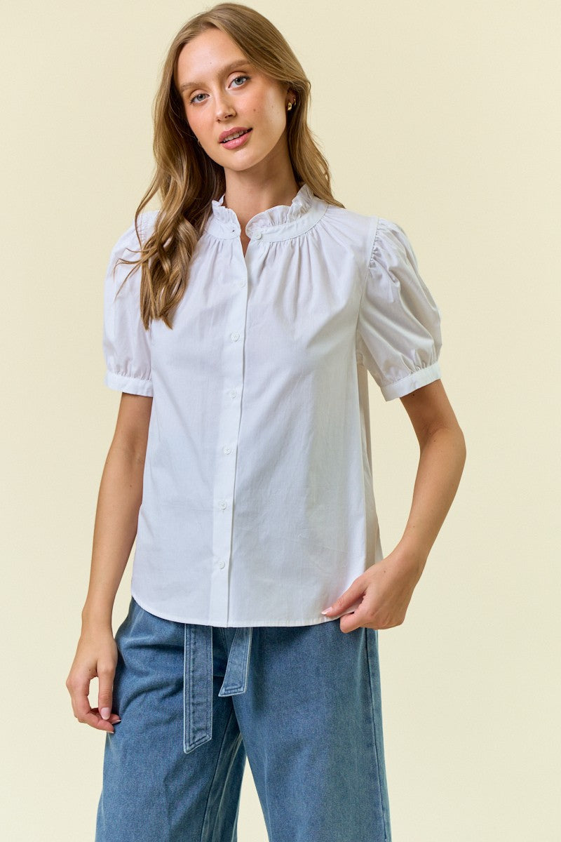 White Ruffle Collar Front Button Down Blouse