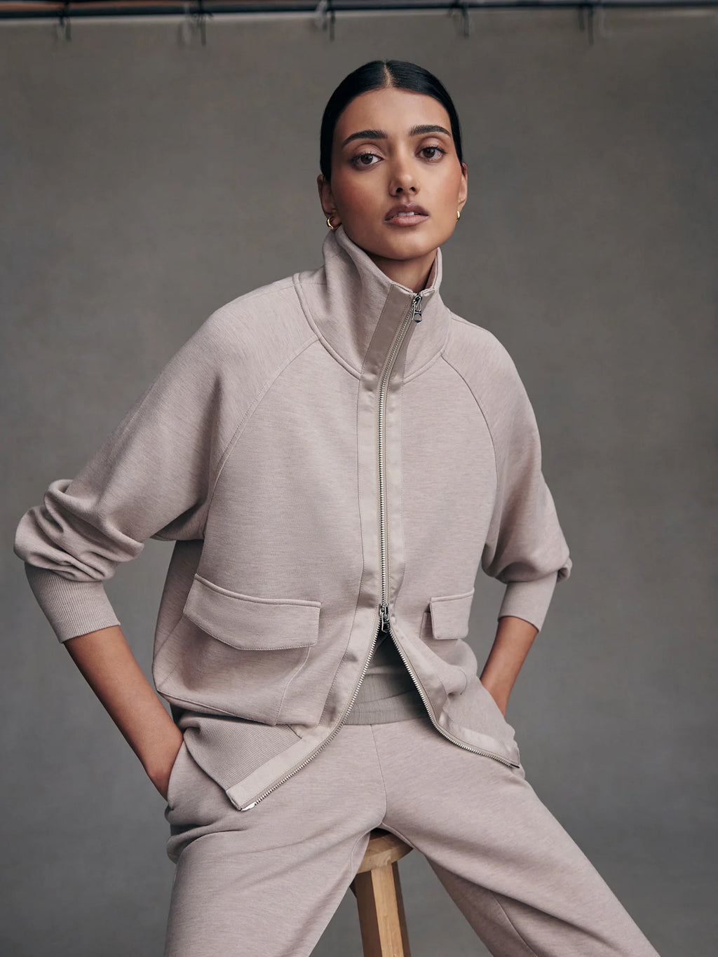 Roxbury Zip-Through Sweat - Taupe Marl