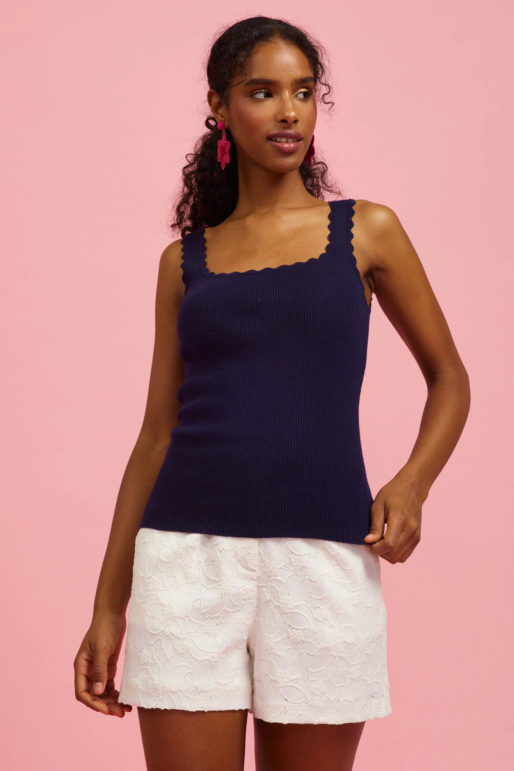 Navy Scalloped Rib Tank