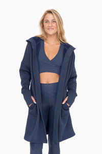 Navy Open Front Longline Hooded Cardigan