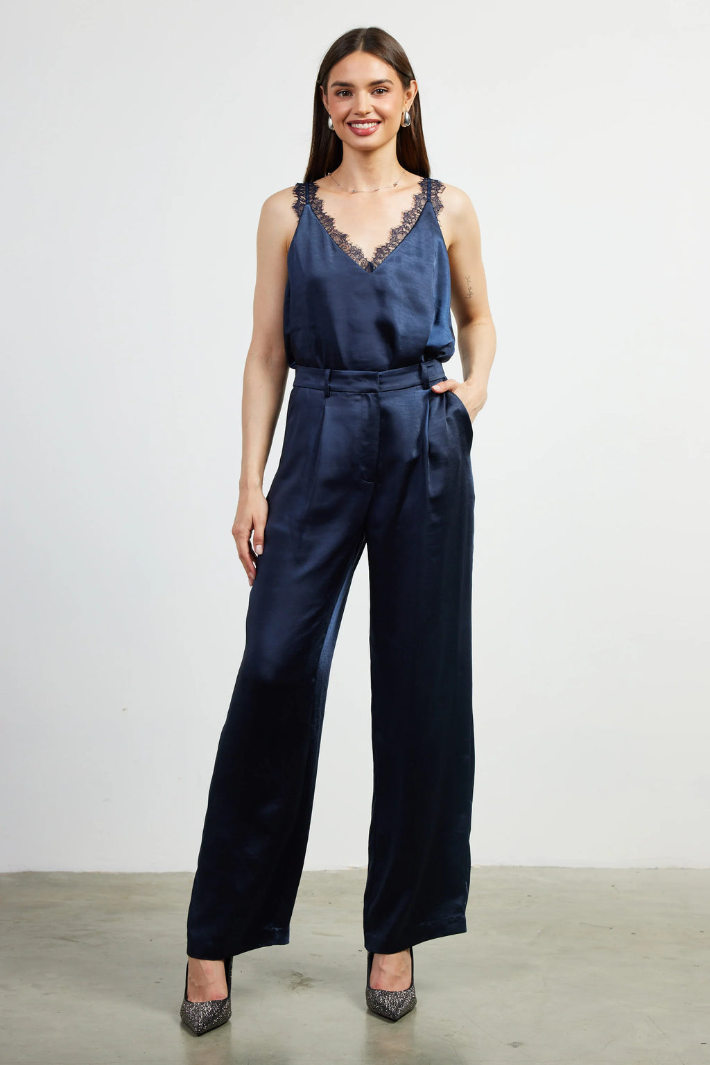 Navy High Waisted Satin Straight Leg Pant