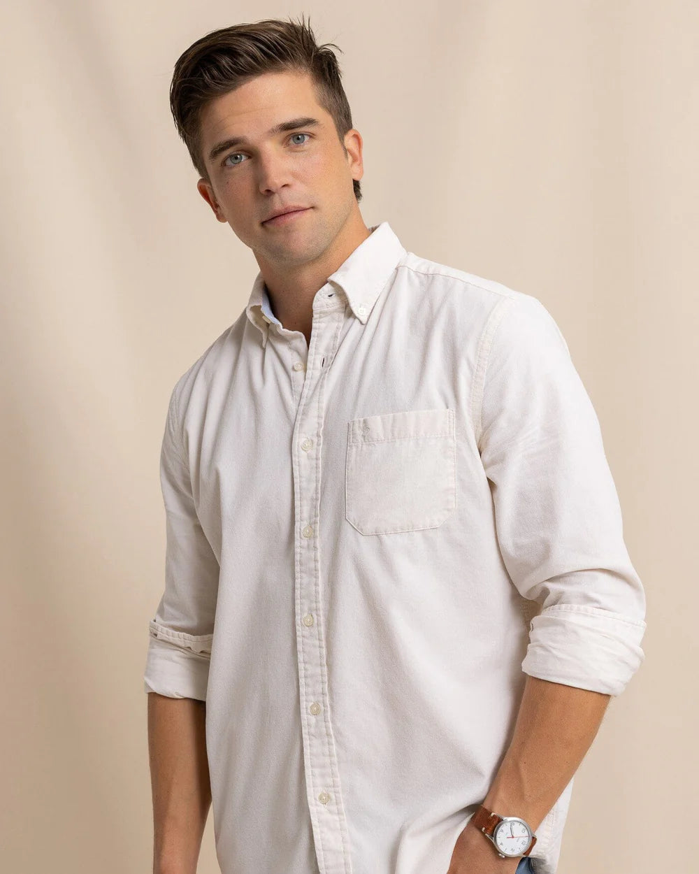 Lightweight Bedford Cord Long Sleeve Sport Shirt - Oatmeal