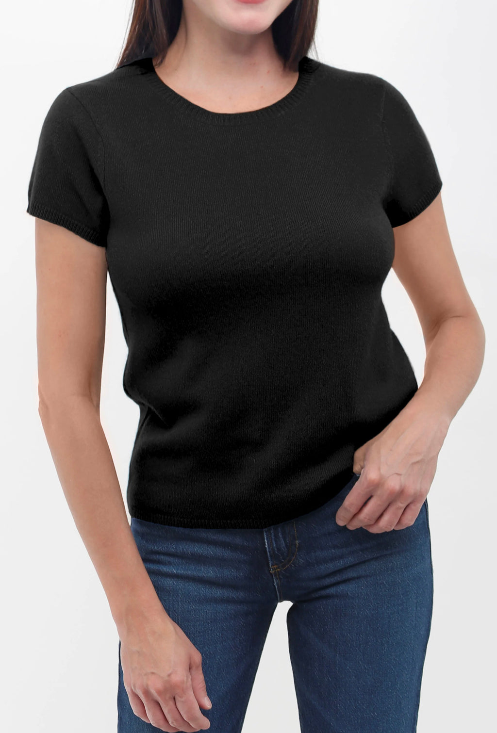 100% Cashmere Luxury Crew Neck Short Sleeve Tee - Black