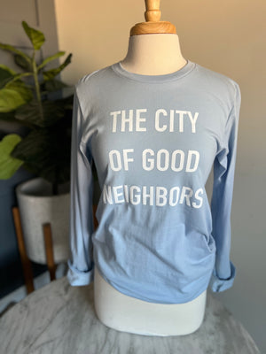 The City of Good Neighbors Long Sleeve Tee - Chambray Blue