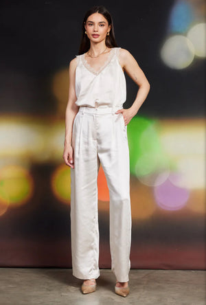 Ivory High Waisted Satin Straight Leg Pant