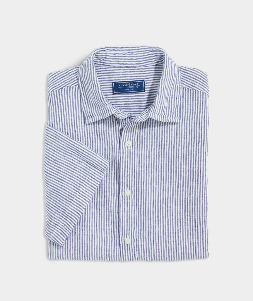 Nautical Navy Linen Short-Sleeve Stripe Shirt