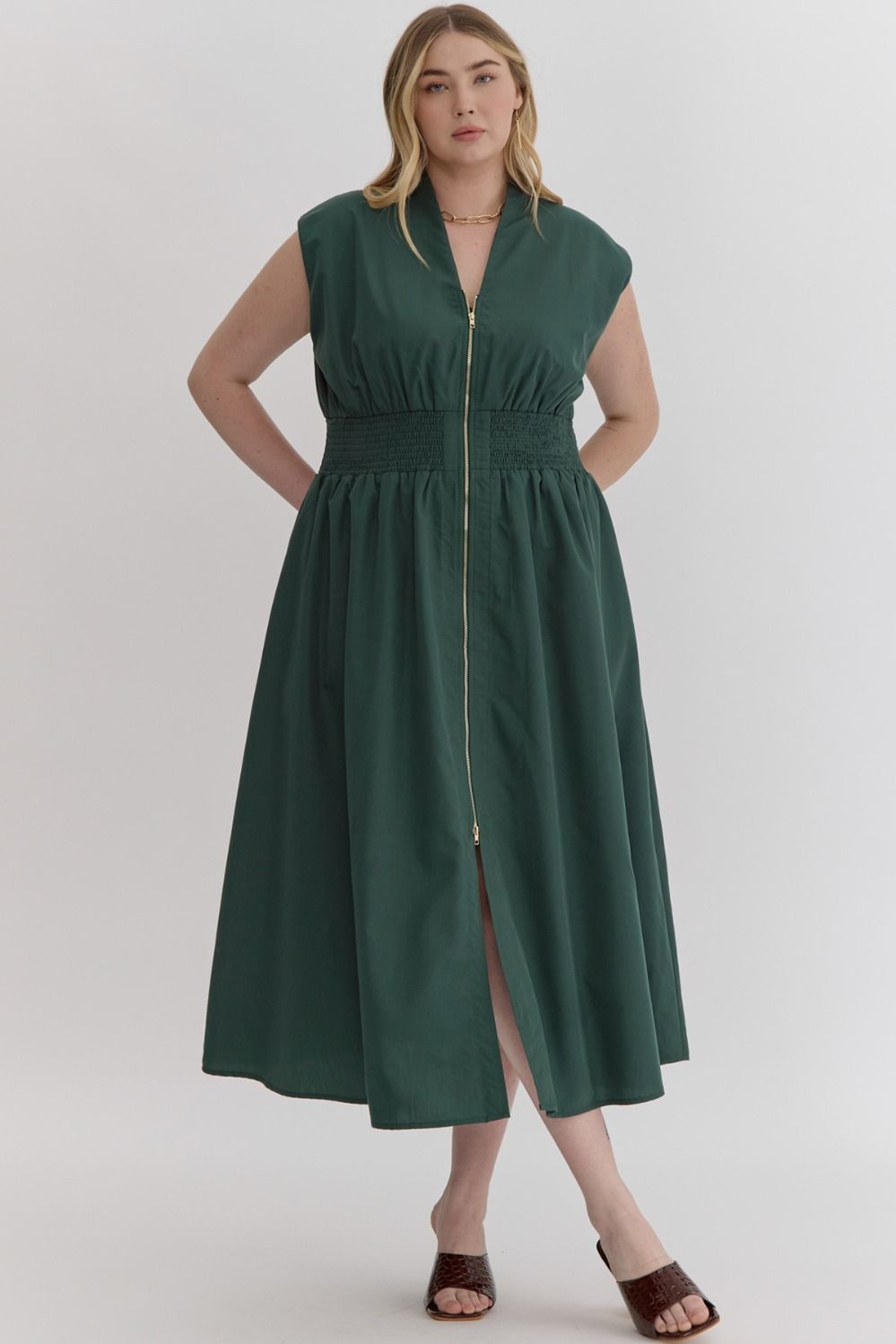 Hunter Green Full Zip Midi Dress