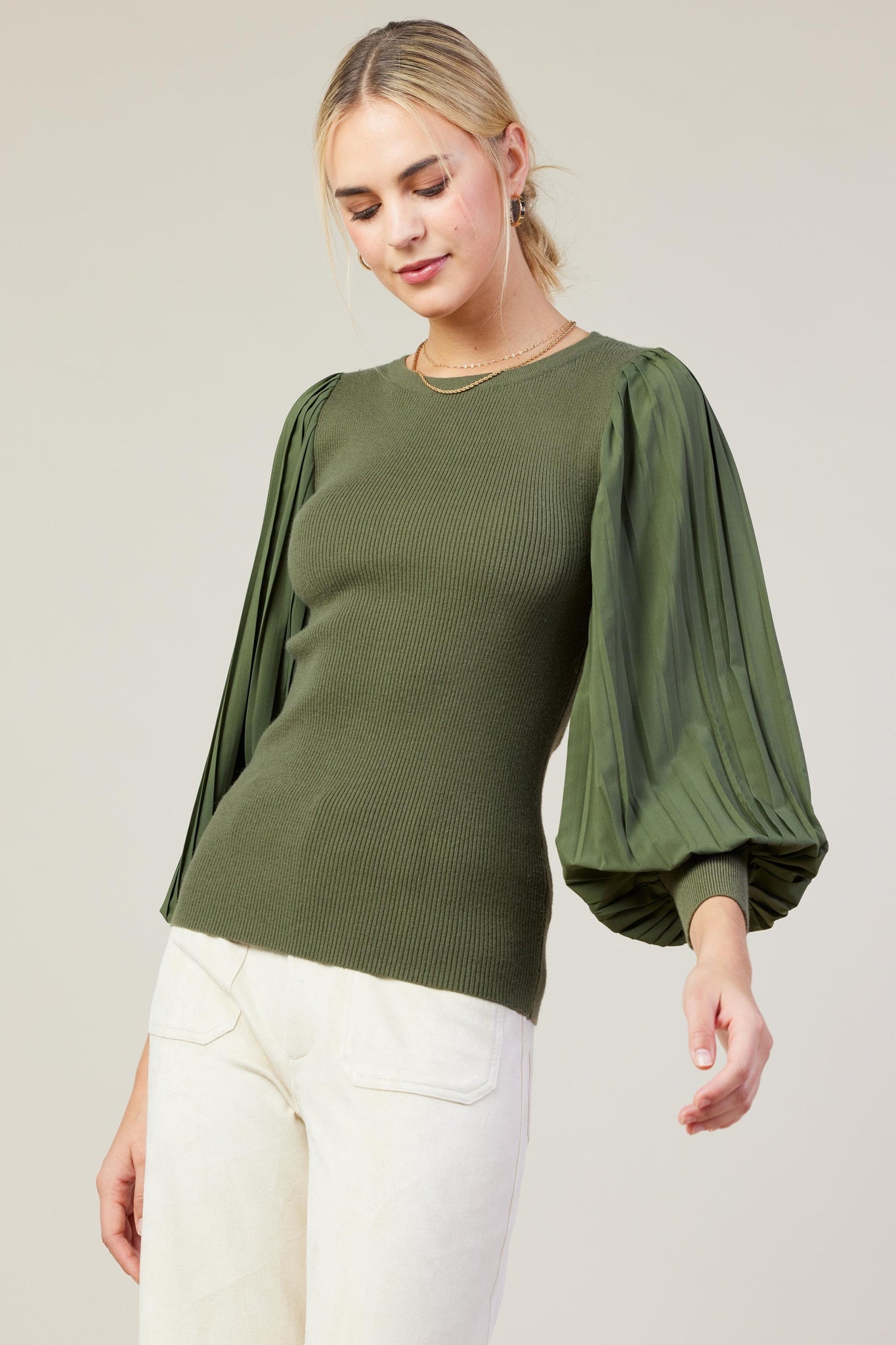 Olive Mixed Media Pleated Sleeve Top