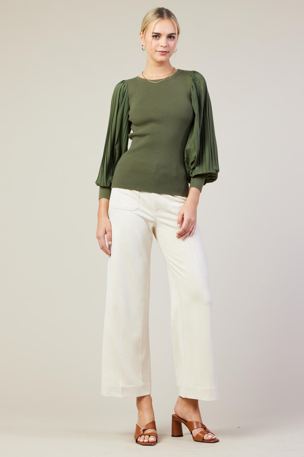 Olive Mixed Media Pleated Sleeve Top