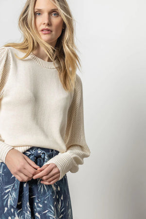 Cream Pointelle Sleeve Crewneck Sweater