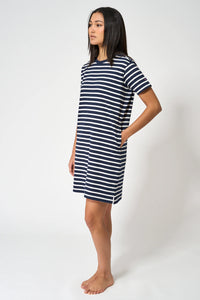 Short Sleeve Striped Cotton Dress - Marine