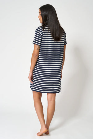 Short Sleeve Striped Cotton Dress - Marine