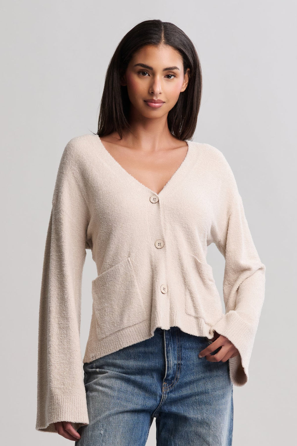 CozyChic Lite® Wide Sleeve Button Front Cardigan - Stone