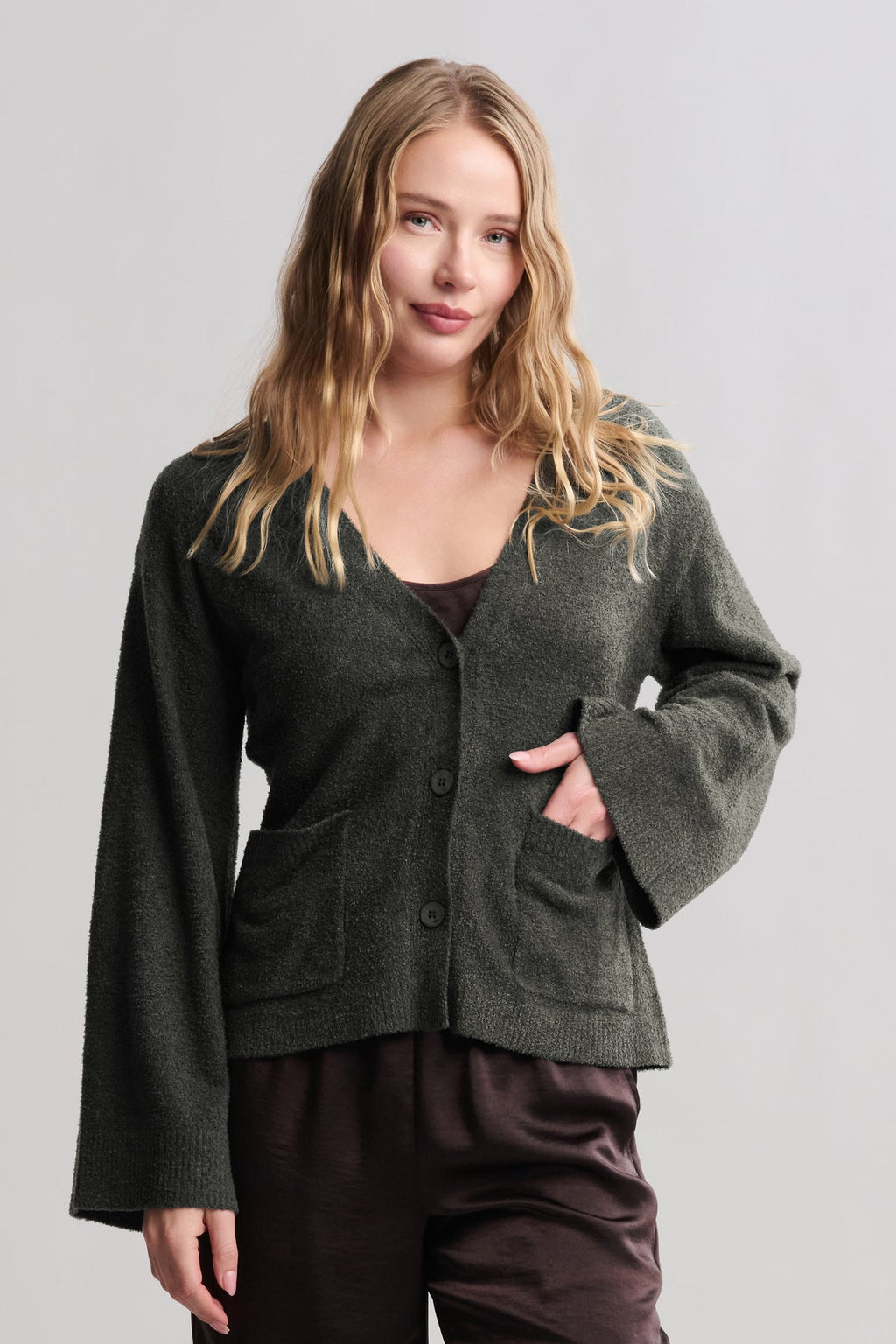 CozyChic Lite® Wide Sleeve Button Front Cardigan - Dark Moss