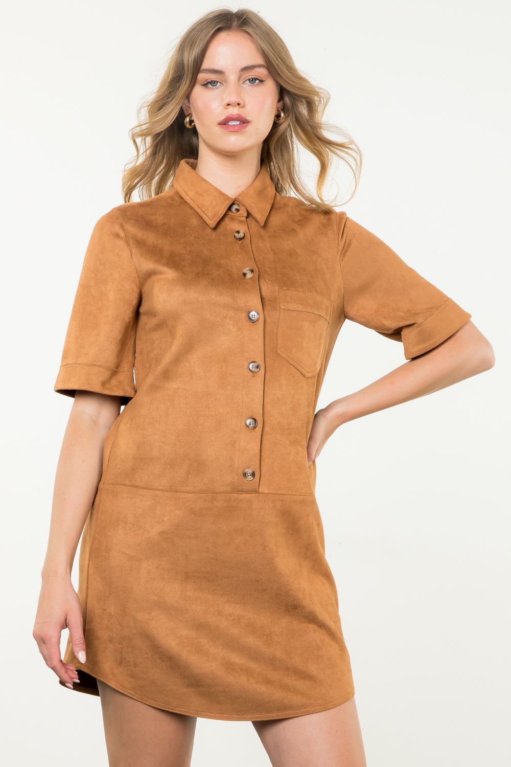 Short Sleeve Camel Suede Dress