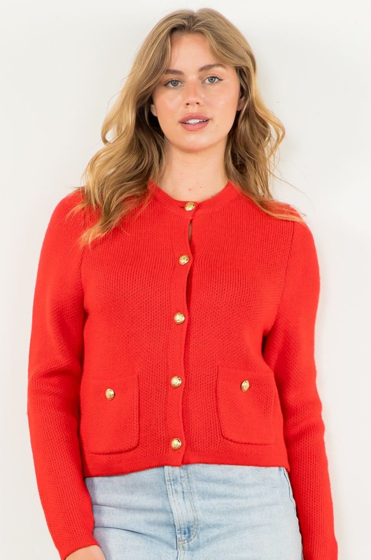 Red Button Up Knit Cardigan